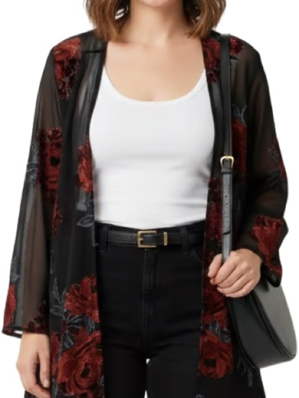 fab'rik Black Sheer Kimono with Red Floral Burnout Accents